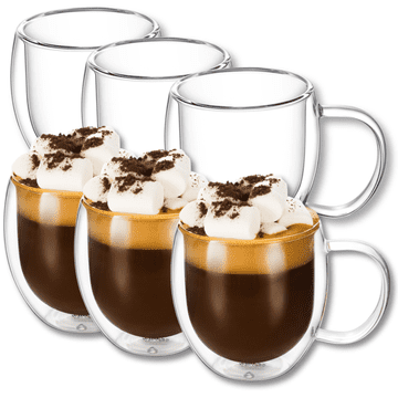 Wilmax dvostenski termo kozarci z ročajem | komplet 6 kosov | 400 ml | kozarci za pitje | termo skodelice | kozarci za čaj | komplet kozarcev za latte macchiato