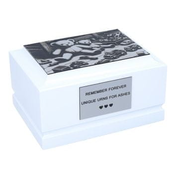 BE Urna Dziecięca Biała, Grawerowana z Motywem Zabawek, Personalizowana Biała Urna Dziecięca z Grawerem Zabawek, Personalizowana
