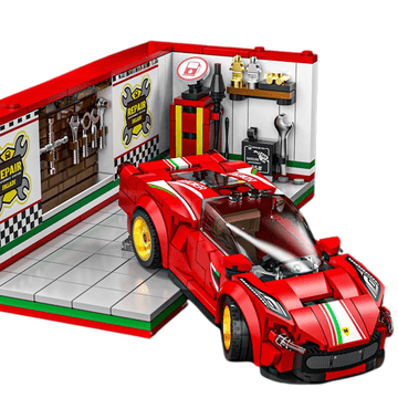 MJI Klocki 13082 - Czerwone Auto Sportowe Ferrari Style z Garażem, 530 elementów