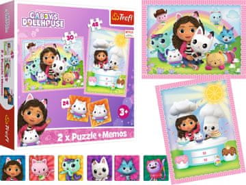 Trefl 2 x Puzzle + Gra MEMOS GABI Koci DOMEK 2w1 Gabby's DOLLHOUSE