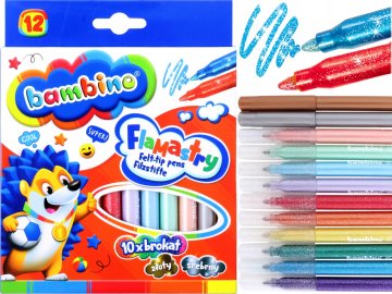 BAMBINO Brokatowe FLAMASTRY Mazaki 12 Kolorów ZŁOTY Srebrny
