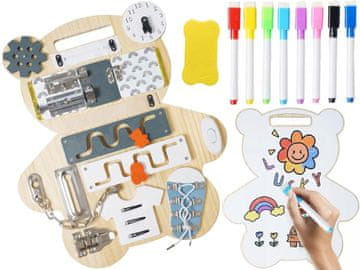 Dwustronna Tablica MANIPULACYJNA Montessori SENSORYCZNA Miś dla Dzieci