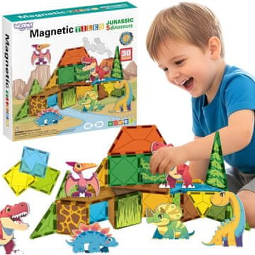 WOOPIE Magnetne kocke Dino 30 kosov 7,5 cm z 5 figuricami dinozavrov, 3+