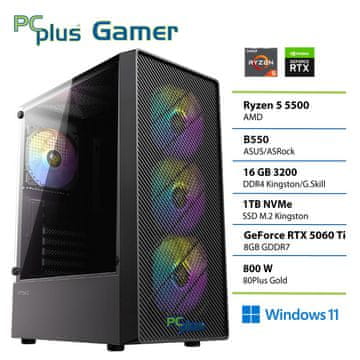 PCplus Gamer Ryzen 5 5500 16GB 1TB RTX 5060Ti 8GB Windows 11 Home gaming namizni računalnik