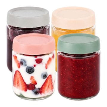 Northix Komplet 4 steklenih kozarcev za marmelado, 450 ml, pastelni pokrovi