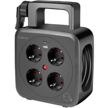 LogiLink Kolut za kabel 5 metrov 4 ozemljene vtičnice + USB-A/USB-C 20W IP20