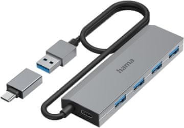Hama Hama USB-C Hub, 4-portni (USB-A + USB-C) z napajalnikom, aluminij