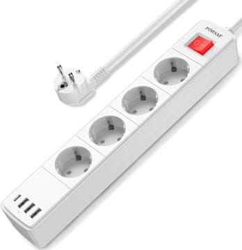 slomart POWSAF razdelilnik 4 vtičnice + 4 USB (vklj. USB-C), 4000W, stikalo
