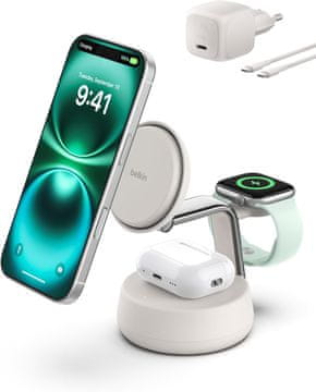 Belkin Belkin UltraCharge Pro 25W 3-v-1 Qi2.2 brezžično stojalo, peščena barva