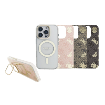 Guess MagSafe ovitek za iPhone 16 Pro, PC/TPU, stojalo, 3 zamenljiva ozadja, črn - GUBPSBHMP16LF4P05