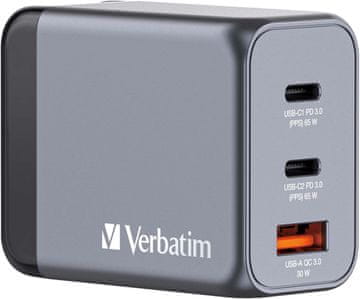 slomart Verbatim GNC-65 GaN stenski polnilnik 65W (2x USB-C, 1x USB-A)