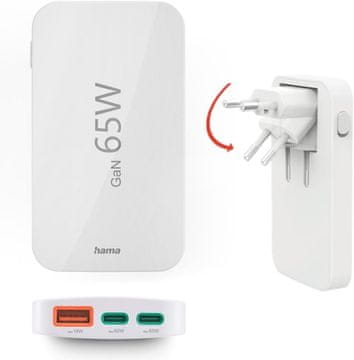 Hama Hama USB C GaN hitri polnilnik 65W (2x USB-C, 1x USB-A), zložljiv