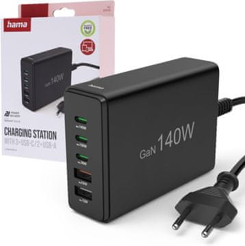 Hama Hama 5-portna USB GaN polnilna postaja 140W, USB-C PD/USB A