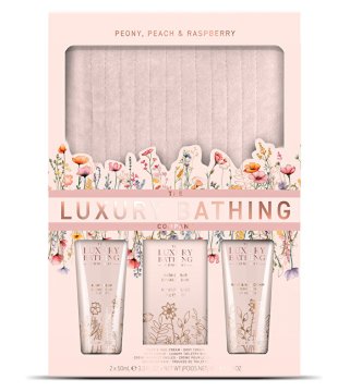 Darilni set za nego telesa s kozmetično torbico Peony, Peach & Raspberry 4 kosi