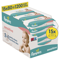 Pampers Sensitive Baby otroški čistilni robčki, 15 pakiranj = 1.200 robčkov