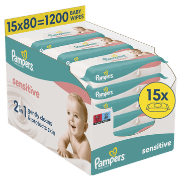 Pampers Sensitive Baby otroški čistilni robčki, 15 pakiranj = 1.200 robčkov