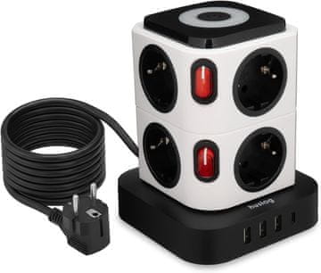 slomart PowerTower vtičnica, 12-v-1, 8x vtičnica + 4x USB, zaščita, stikalo