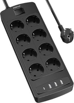 slomart POWSAF vtičnica, 8x + 4x USB (vključno USB-C), s stikalom, črna
