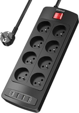 slomart POWSAF vtičnica, 12-v-1, 8x vtičnica + 4x USB, 3680W, s stikalom