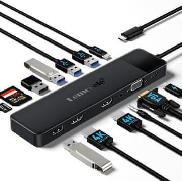 slomart Lemorele USB-C Docking Station 13-v-1 za 3 monitore, Dual HDMI & VGA