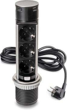 EMUCA Emuca Vertikalni Multi-utikač Push 60mm, 3x Schuko, 1x USB-A, 1x USB-C