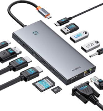slomart Baseus USB C Docking Station 13-v-1, 3 Monitorji (2xHDMI 4K@60Hz, DP 4K@60Hz, VGA)