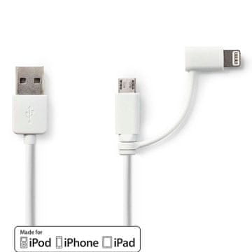 Nedis 2 v 1 kabel | USB 2.0 | USB-A moški | Apple Lightning, 8-polni / USB Micro-B moški | 480 Mbps | 1,00 m | Ponikljano | Okrogla | PVC | Bela | Plastična vrečka