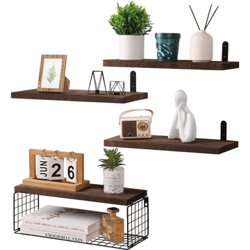 Stenske viseče police s kovinsko košaro komplet 4 kosi, les Paulownia, 40x15x1,5 cm, rjave, za kopalnico, kuhinjo in dnevno sobo, nosilnost 10 kg, rustikalni loft slog, priložen montažni material