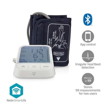 Nedis Merilnik krvnega tlaka SmartLife | roka | Bluetooth | LCD zaslon | 22 - 42 cm | Prikaz mirovanja / Zaznavanje manšete / Zaznavanje nepravilnega srčnega utripa | Bela