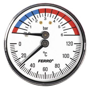 Ferro Termomanometer 63 mm 1/2 palca aksialni 0-6 bar, 0-120°C