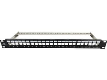 Prazna 19" modularna patch plošča 24 portov 1U s podporo, neopremljena ALANTE
