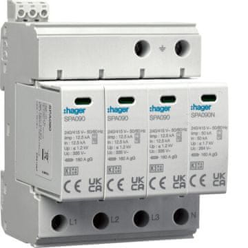 Hager Prenapetostni odvodnik T1+T2 MOV 4P TN-S/TT omrežje Iimp=50 kA In=50 kA Up1, 2 kV