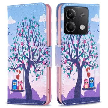 GS Ovitek za Xiaomi Redmi Note 13 5G, denarnica, sove in drevo, moder