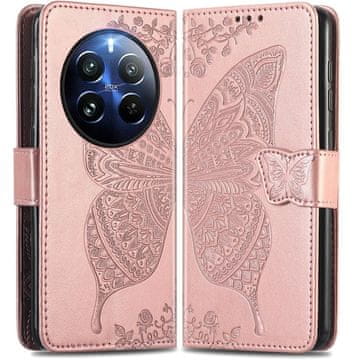 GS Realme 12 Pro 5G / 12 Pro+ 5G preklopni ovitek, metulj, rožnato zlata
