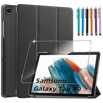 GS Komplet etuija + kaljeno steklo + 6 pisal za Samsung Galaxy Tab A9, Smartcase, črn