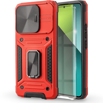 Overboard Oklepni ovitek za Xiaomi Redmi Note 13 Pro 5G, CamShield Slide, rdeč + kaljeno steklo 9H