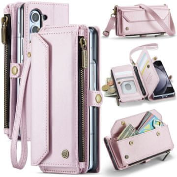 CaseMe Ovitek za Samsung Galaxy Z Fold6 5G, usnjena denarnica z RFID, z naramnim trakom, roza