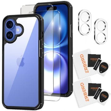 Overboard Ovitek za iPhone 16, Hybrid, prozoren/črn + 2x zaščitna stekla za zaslon + 2x zaščitna stekla za kamero
