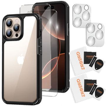 Overboard Ovitek za iPhone 16 Pro Max, Hybrid, prozoren/črn + 2x zaščitna stekla za zaslon + 2x zaščitna stekla za kamero