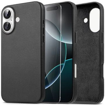 Overboard Usnjen ovitek za iPhone 16, Leather MagSafe, črn + zaščitno steklo za zaslon