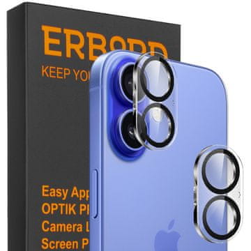 Overboard Zaščitno steklo za kamero za iPhone 16 / 16 Plus, prozorno s črnimi robovi