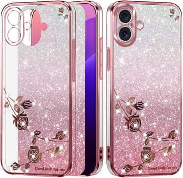 GS Ovitek za iPhone 16 Plus, bleščeč cvet, rožnato zlata