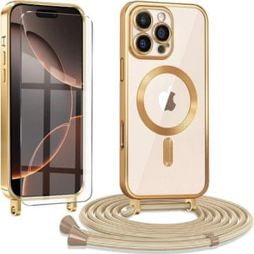 Overboard Ovitek za iPhone 16 Pro Max, Electro MagSafe, zlat + zaščita za zaslon + vrvica za vstavljanje