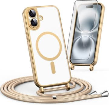 Overboard Ovitek za iPhone 16, Electro MagSafe, zlat + zaščita za zaslon + vrvica za vstavljanje