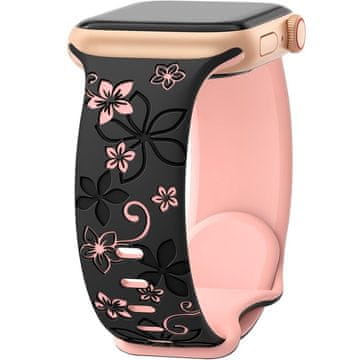 GS Silikonski pašček za Apple Watch 1/2/3/4/5/6/7/8/9/10/11/SE Ultra 1/2/3 42/44/45/46/49 mm, cvetlični vzorec, črna/roza
