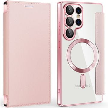 GS Ovitek za Samsung Galaxy S25 Ultra z naslonom, RFID denarnica MagSafe z zaščito kamere, roza