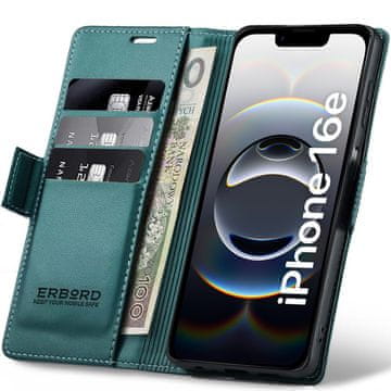 Overboard sijajni ovitek z ličijem za iPhone 17e / 16e, denarnica z zavihkom, zelen