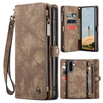 CaseMe Ovitek za Samsung Galaxy A56 5G, retro usnjena denarnica, s paščkom, rjava