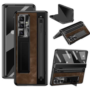 GS Usnjen ovitek za Samsung Galaxy Z Fold7 5G, s stojalom, steklom in pisalom, rjave barve