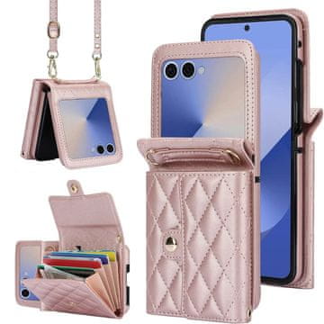 GS Usnjen ovitek z režami za kartice za Samsung Galaxy Z Flip7, roza zlat